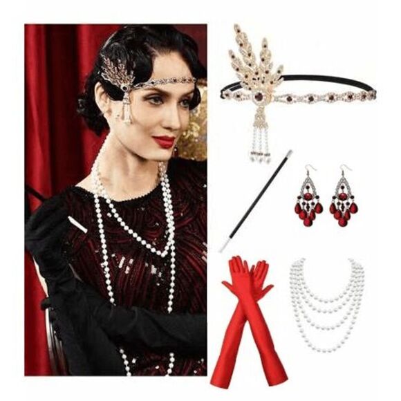 ❤️✨ 5PCS 1920s Red Accessories Flapper Great Gatsby Retro Costume Set NEW main image 10